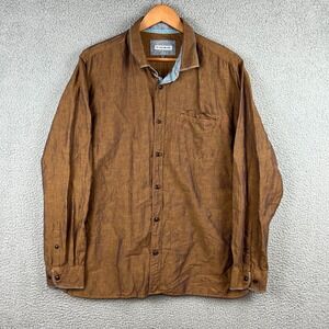 32 Bar Blues Shirt Mens Size XL Brown Purple Iridescent Button Up Linen Blend